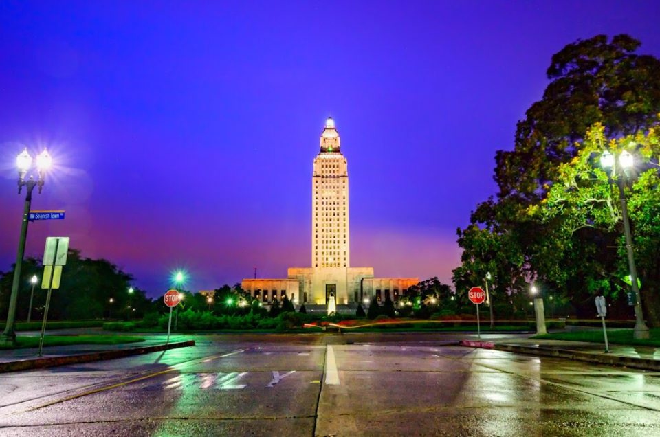 Downtown Baton Rogue Capitol State Building at Sunset